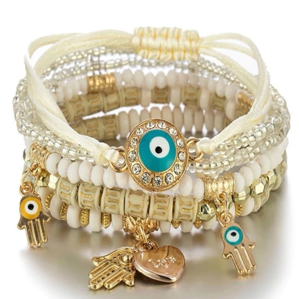🔥BRAND NEW BOHEMIAN EYE & RHINESTONE HAMSA HAND CHARM BEADED BRACELET SET🔥